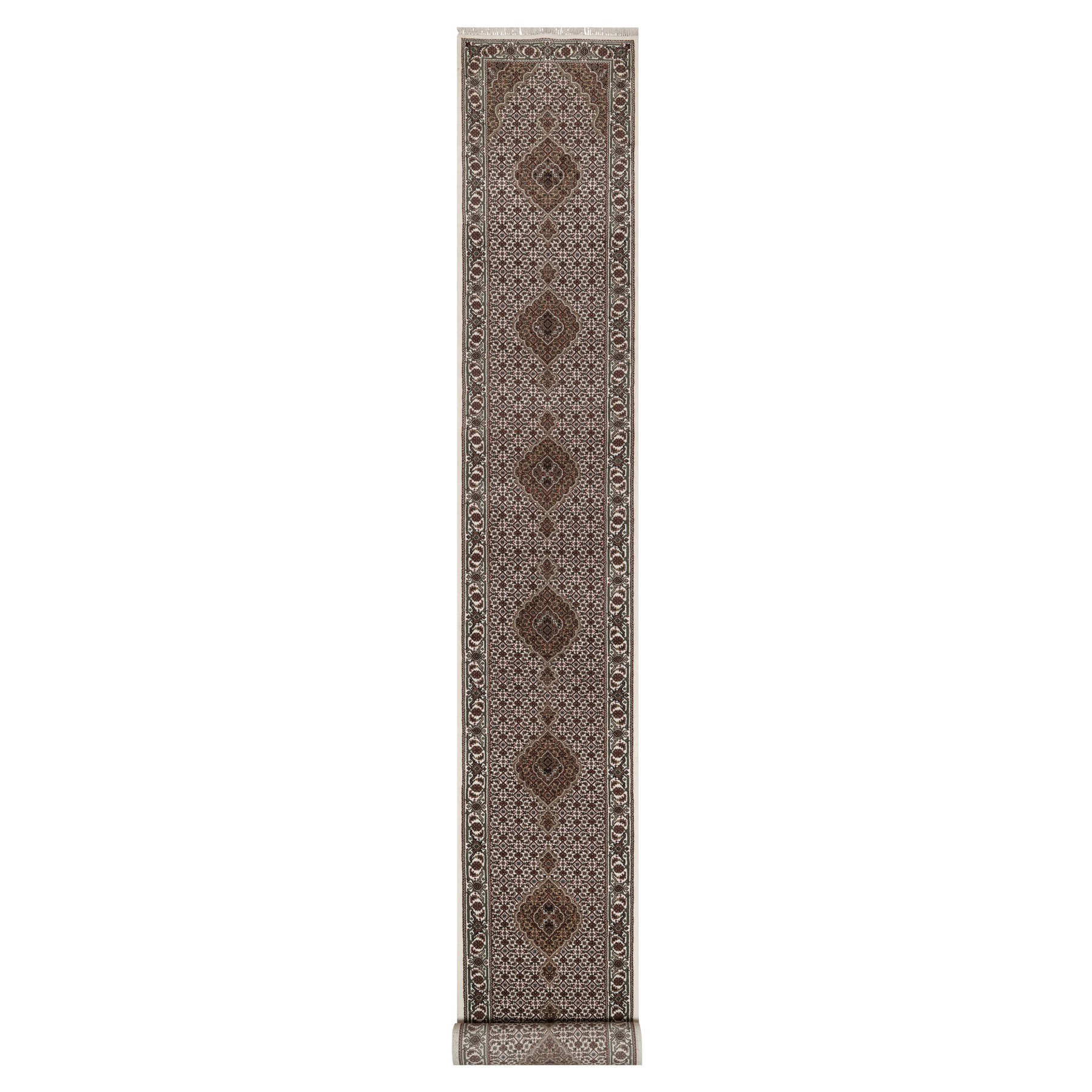 Pearl White, Tabriz Mahi with Fish Medallions Design, 175 KPSI, Hand Knotted, 100% Wool, XL Runner, Oriental Rug